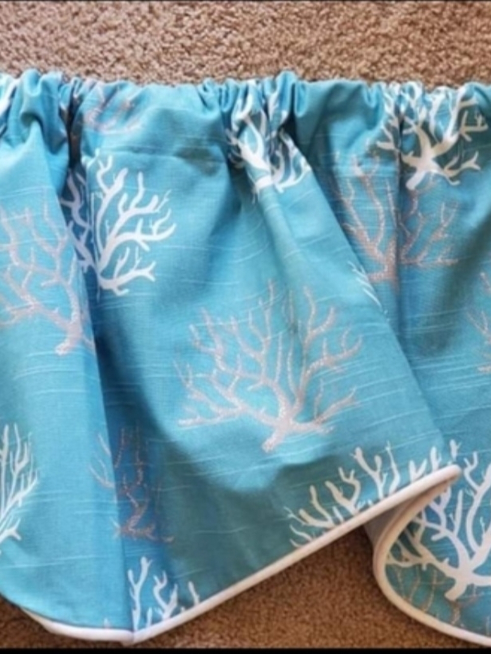2 Aqua Coral Print Valances with White Trim